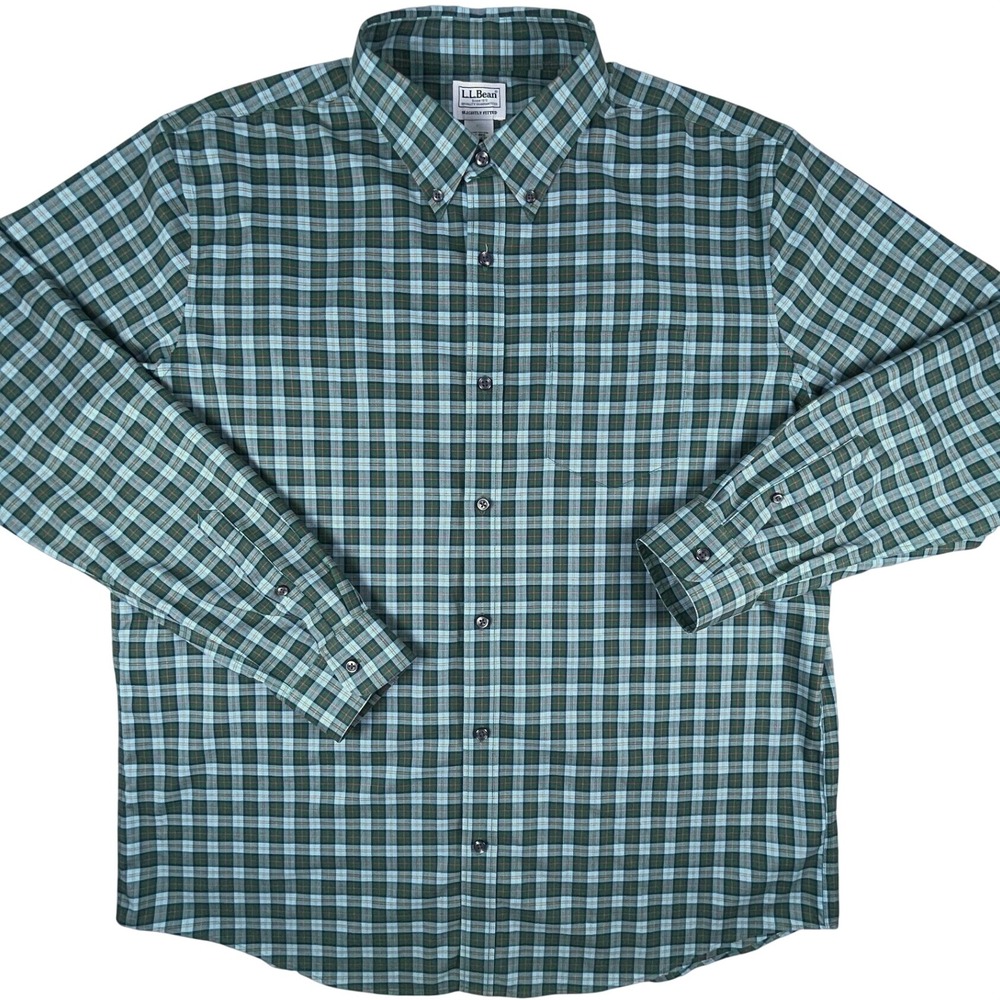 L.L. Bean Shirt Mens XL Green Blue Plaid Slightly Fitted Button Down Cotton